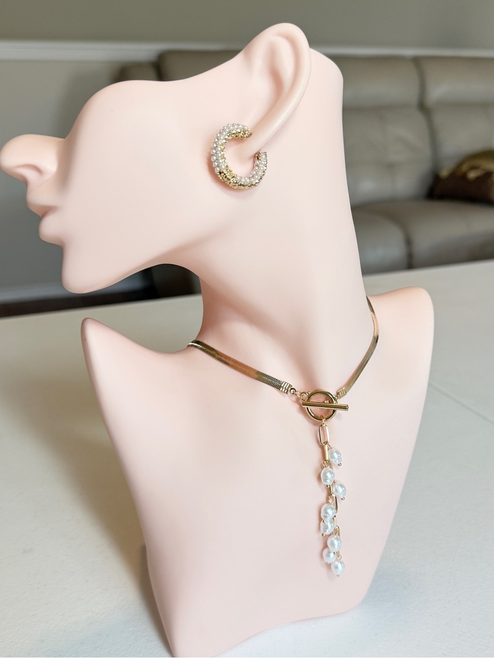 Gold Toggle Necklace with White Pearl Drop - Picture 5 of 11